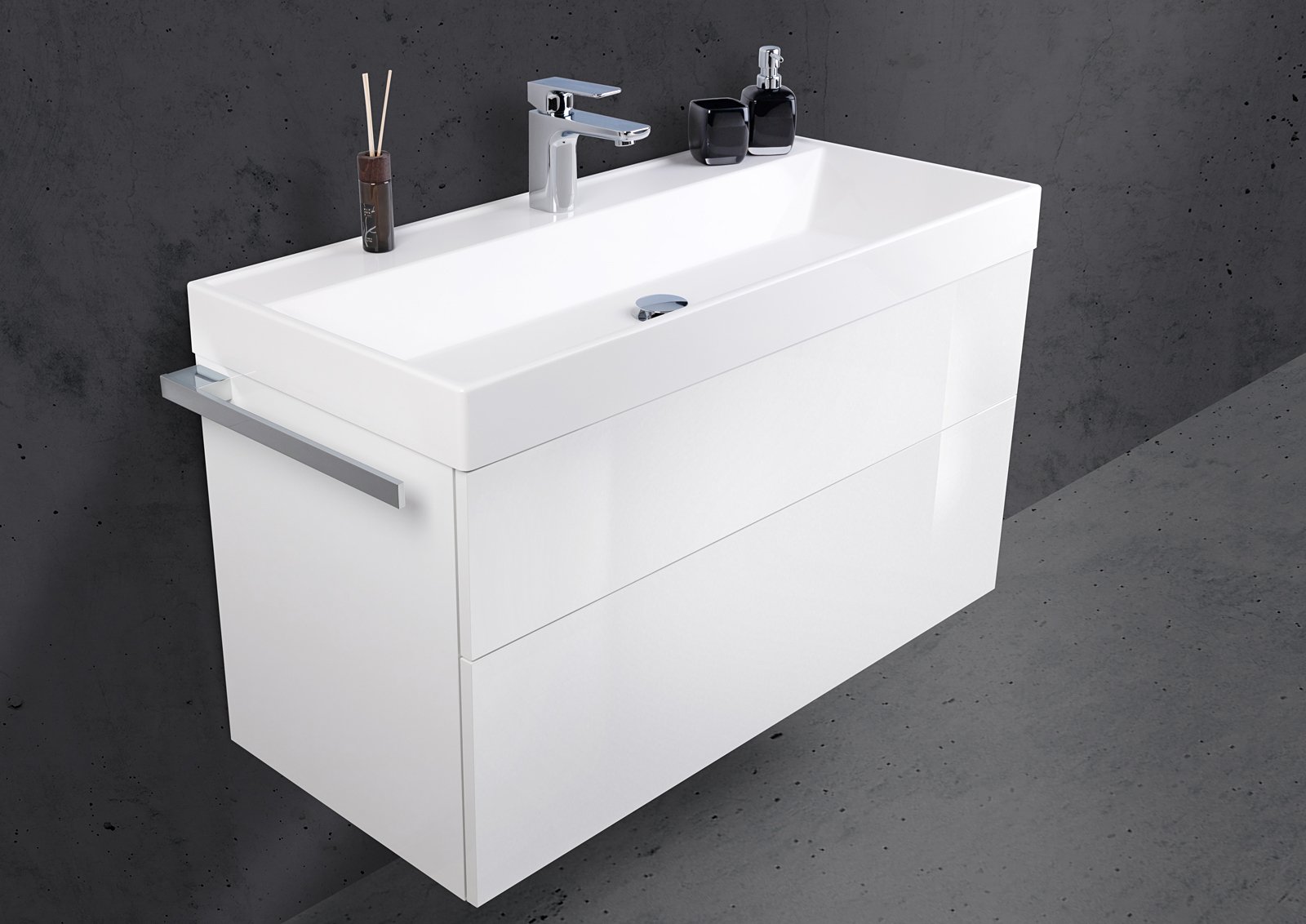 Design Badmöbel Set grifflos 100 cm Waschbecken Evermite mit Unterschrank, Intarbad Bella