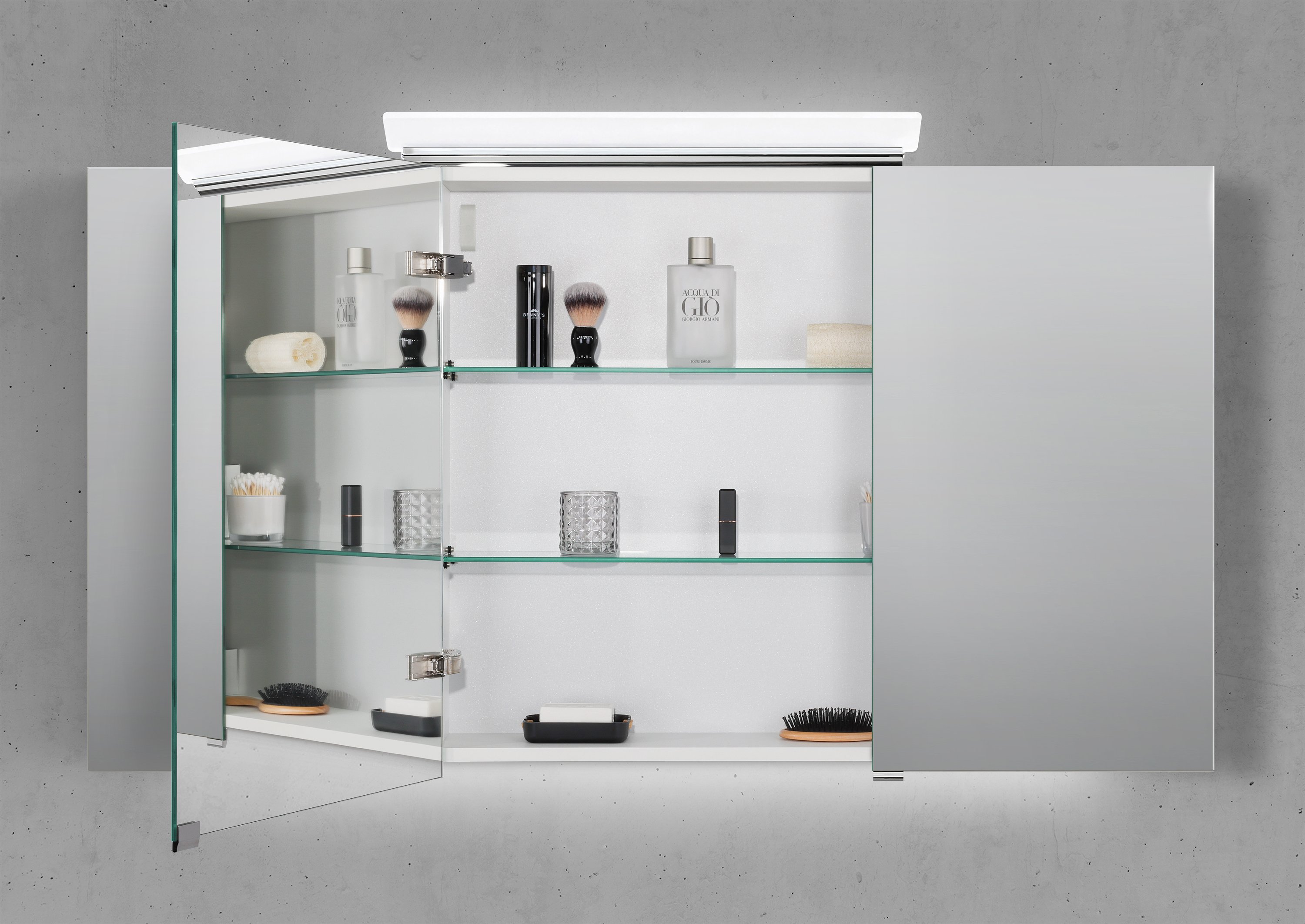 Spiegelschrank 130 cm LED Acryl Aufsatzleuchte doppelseitig verspiegelt
