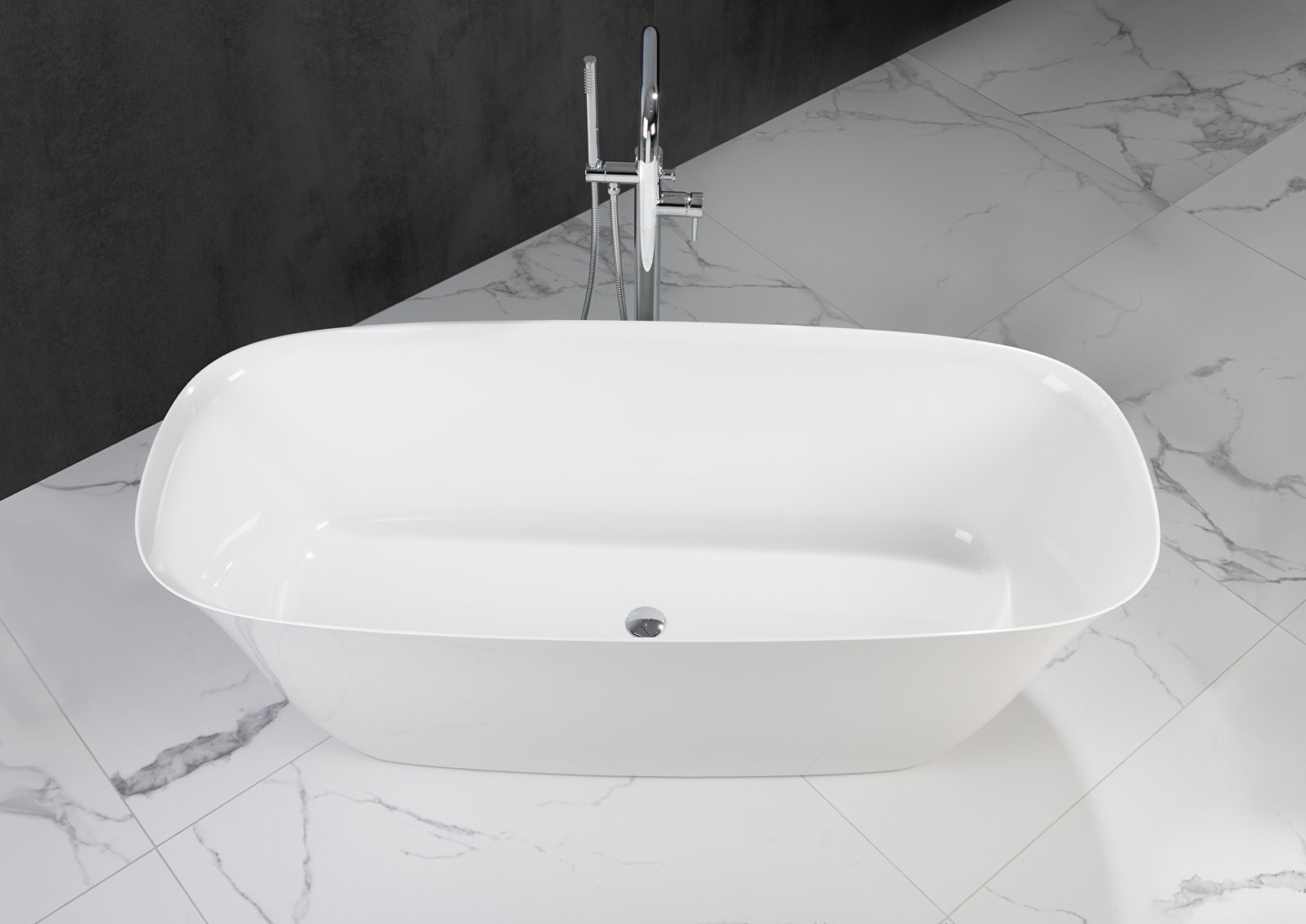 Freistehende Badewanne aus Mineralguss 170x77x62 cm in Weiß Glanz