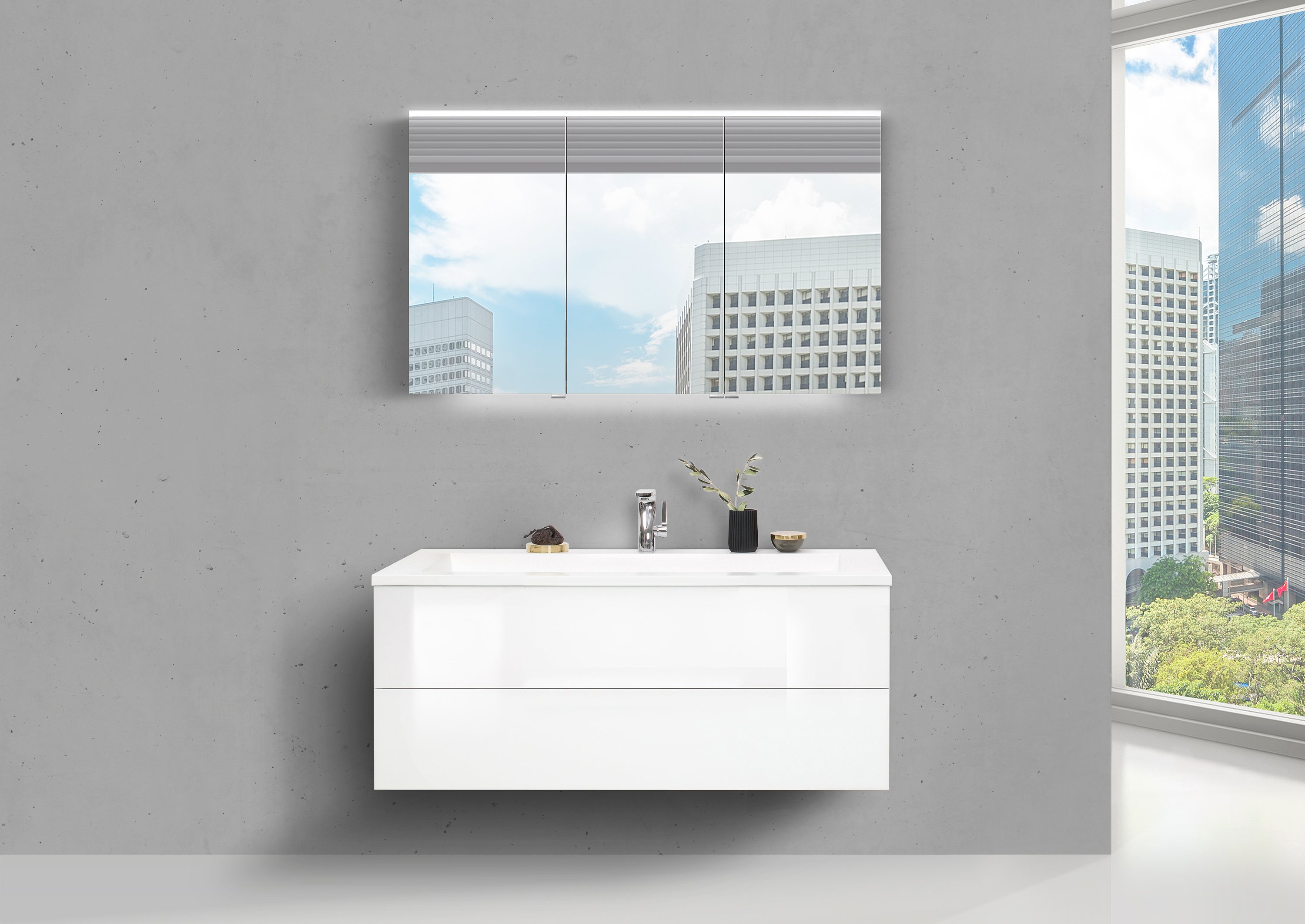 Badezimmermöbel Cubo 120 cm grifflos, Evermite Waschbecken, Spiegelschrank Multi Led
